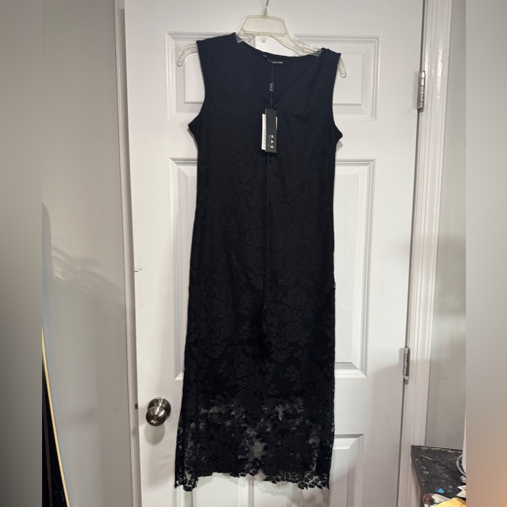 AKA New York Black Floral Lace Midi Dress